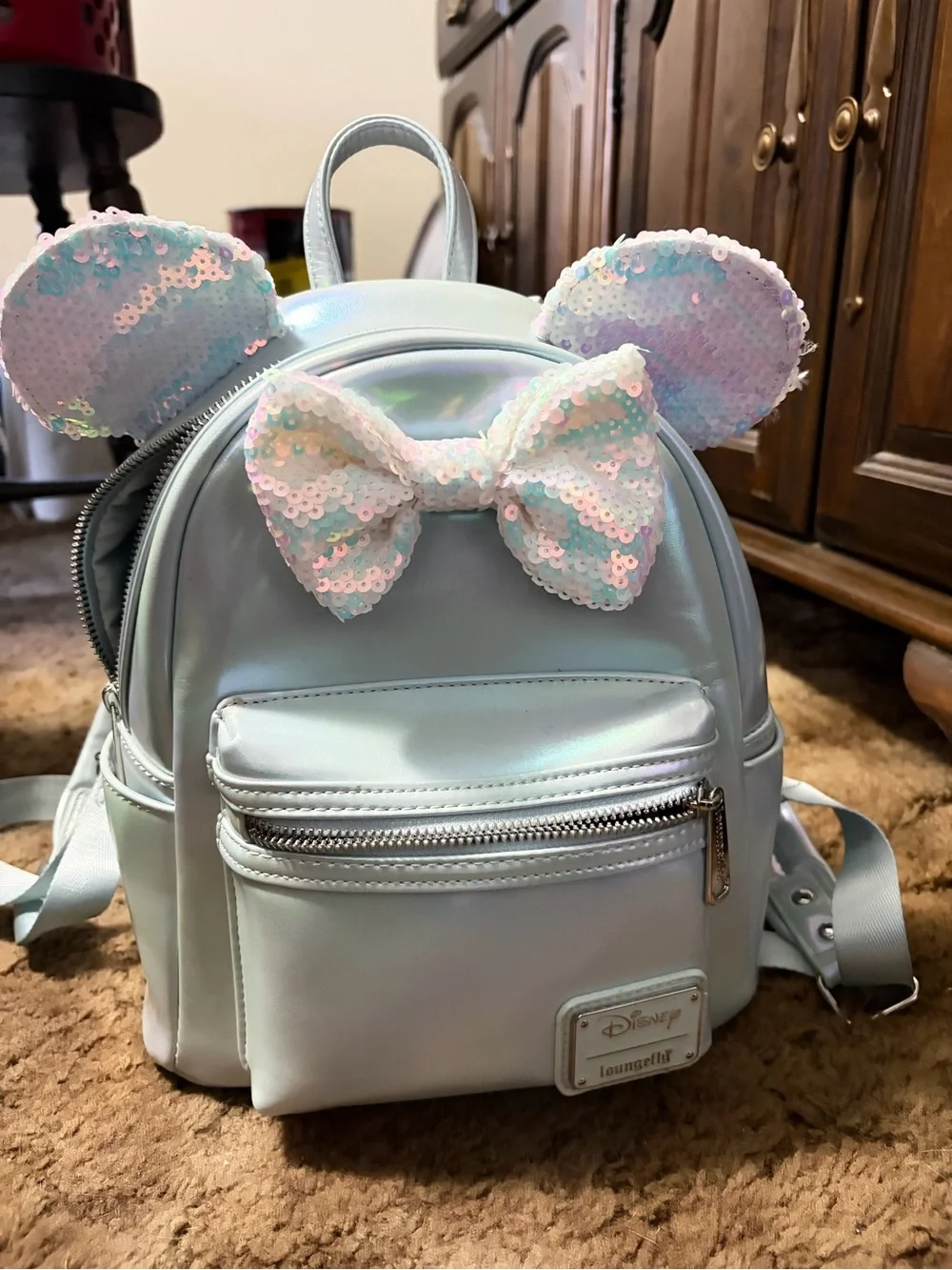 Loungefly Iridescent Mini Backpack with Sequin Bow and Ears - Light Blue